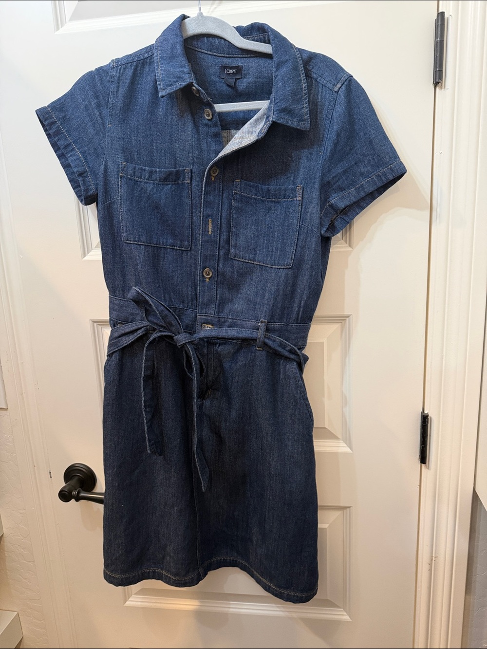 J. Crew Indigo Denim Shirt Mini Dress with Tie Waist